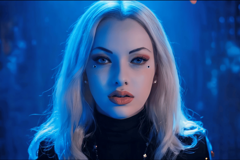 A blonde woman with blue eyes and aesthetic makeup in a cinematic blue-lit cyberpunk setting.