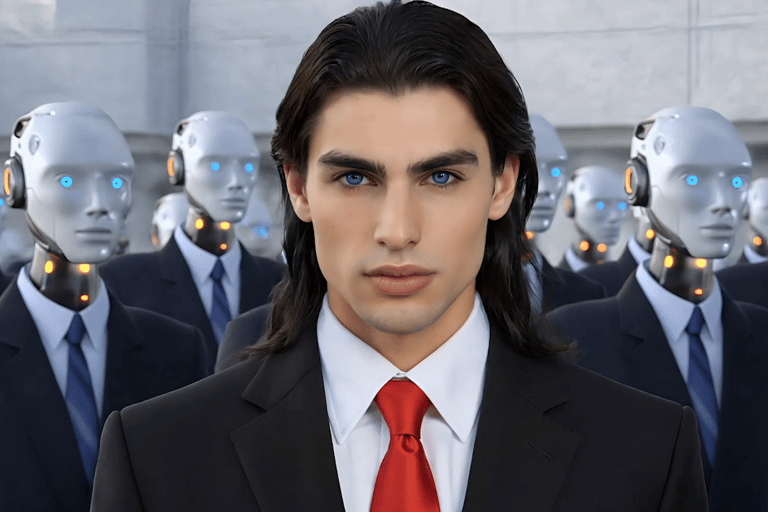 A man in a suit with a red tie leading a group of futuristic robots in business attire.