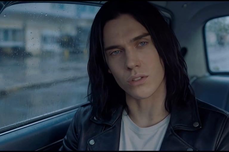 A man with long dark hair and blue eyes wearing a black leather jacket inside a car on a rainy day.