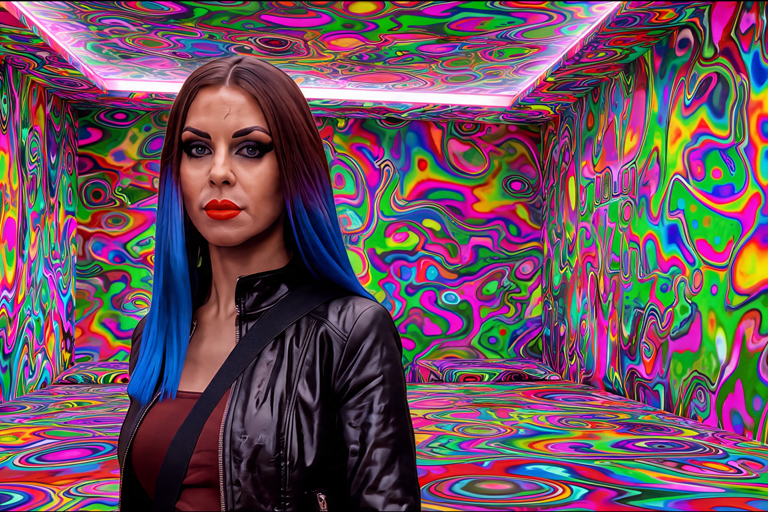 A woman with blue ombre hair in a room with psychedelic neon patterns and colorful swirl walls.