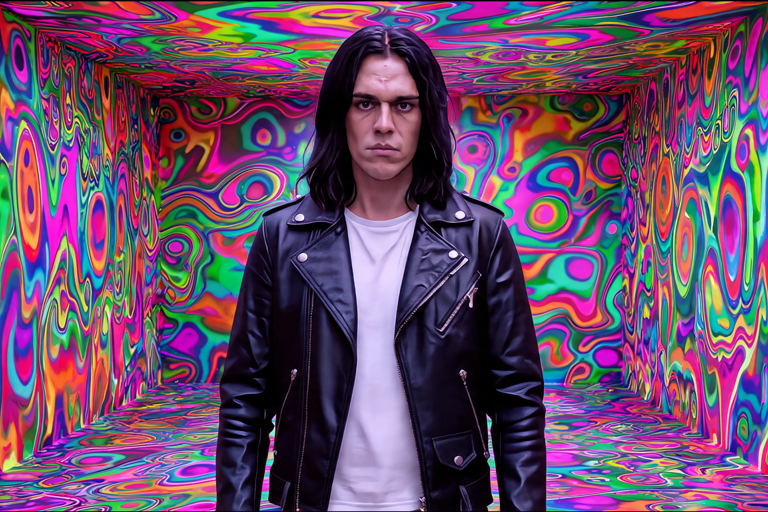 A man in a black leather jacket standing in a room with vibrant psychedelic swirl wallpaper.
