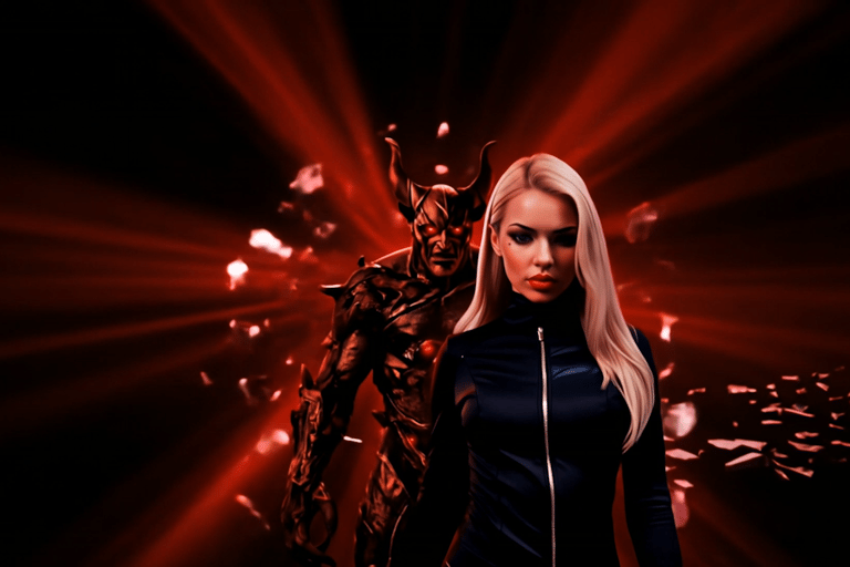 Blonde woman in black leather jacket standing before a demonic horned figure with red light rays.