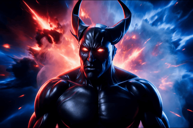Powerful muscular demon with glowing orange eyes and black horns amidst a cosmic fire explosion.