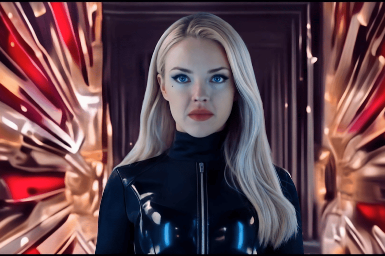 Blonde woman in a black latex catsuit standing in a futuristic metallic corridor with red glowing lights.