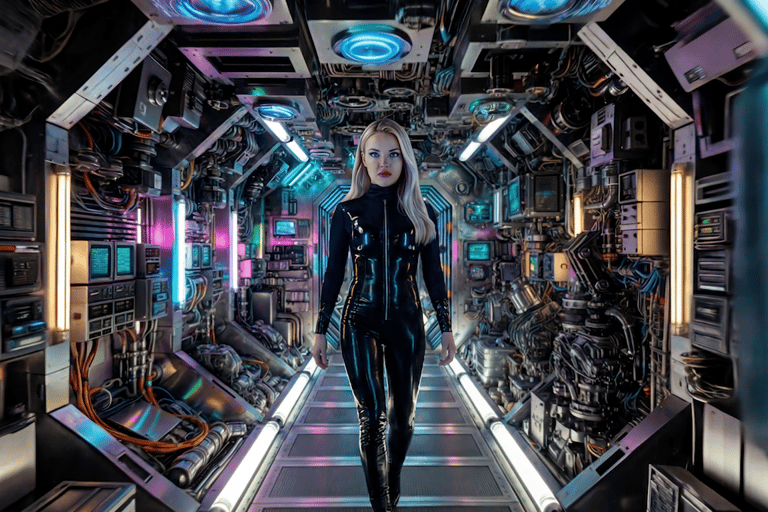 Blonde woman in a black latex bodysuit walking through a futuristic sci-fi spaceship corridor.