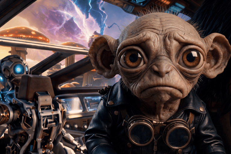 Small wide-eyed alien pilot in a leather jacket on a futuristic spaceship with a robot co-pilot.