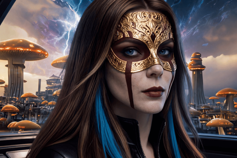 A fantasy woman in a gold filigree mask stands before a surreal landscape of glowing giant mushrooms.