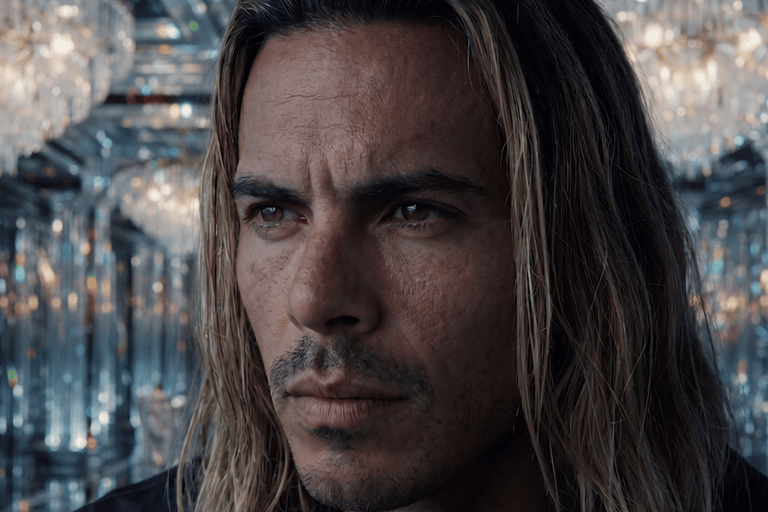 Close-up portrait of a long-haired man in a luxurious crystal ballroom with chandeliers.