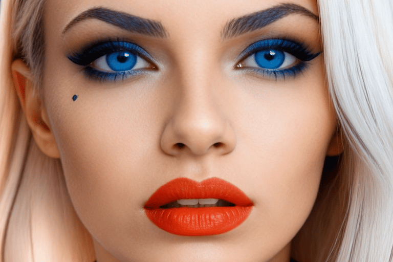Blonde woman with vibrant blue eyes, bold winged eyeliner, and matte red lipstick makeup look.