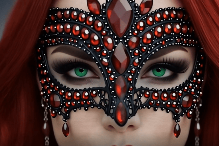 A woman with green eyes and red hair wearing an intricate black masquerade mask adorned with ruby red gems.