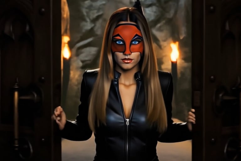 A woman in a black leather suit and orange fox mask standing between open gothic doors with torches.