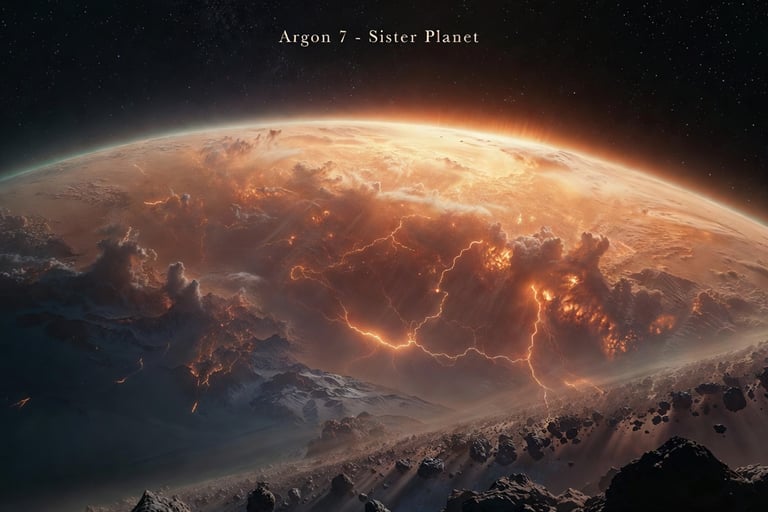 A cinematic view of exoplanet Argon 7 showing lightning storms and lava flows from space.
