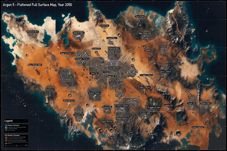 Detailed sci-fi topographic map of Argon 5 in year 2050 showing futuristic city locations and terrain.