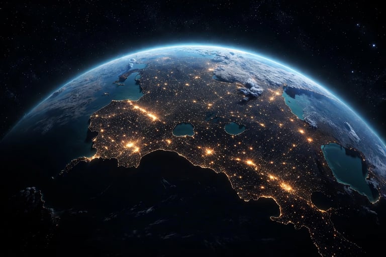 Satellite view of Real Earth at night showing glowing city lights across North America from space.