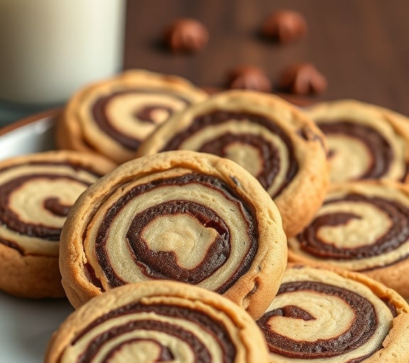 a plate of cookies with chocolate swirly cookies