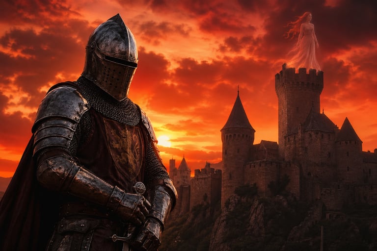 Illustration "Les damoiselles de Castel Dark" - un chevalier en armure au coucher de soleil.