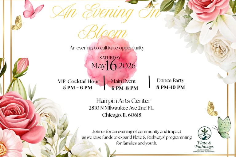 An Evening in Bloom, save the date flyer for the Plate & Pathways 2026 fundraising gala