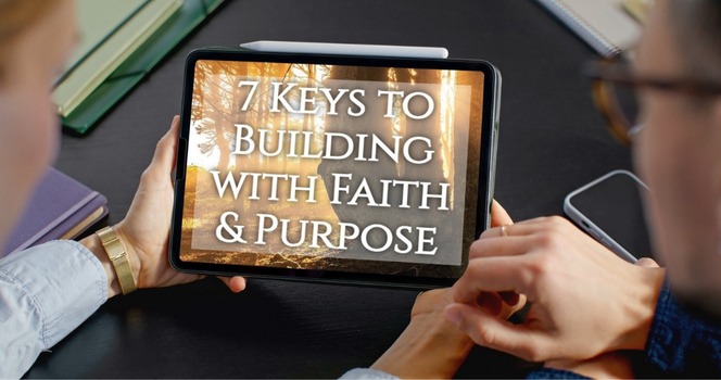 a person holding a tablet with the words 7 keys to building a successful faith & purpose FREE eBook