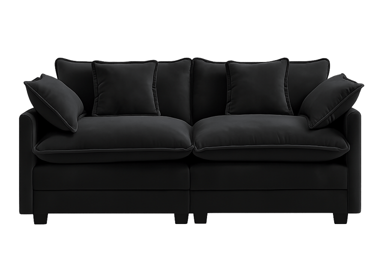 black two-seat sofa with plush cushions and modern design on a white background