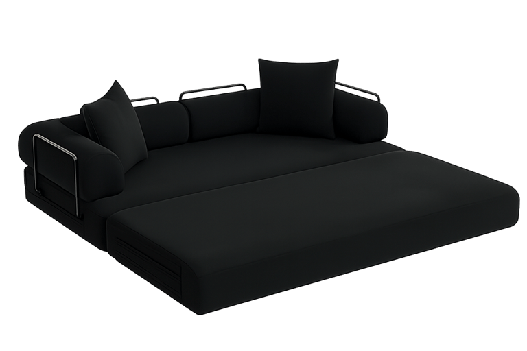 black convertible sofa bed with metal armrests and matching pillows on a white background