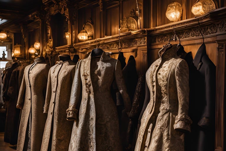 Row of Victorian coats on hangers