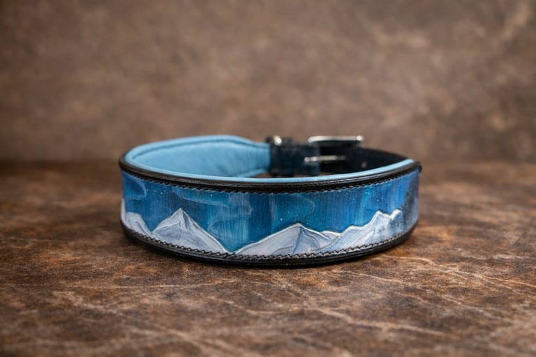 collier chien repoussage peinture sur cuir collection pigments sellerie etter Genève Suisse