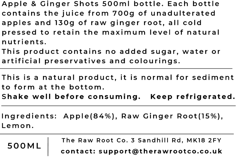 Label from the Apple & Ginger health and wellness shot bottle from The Raw Root Co.