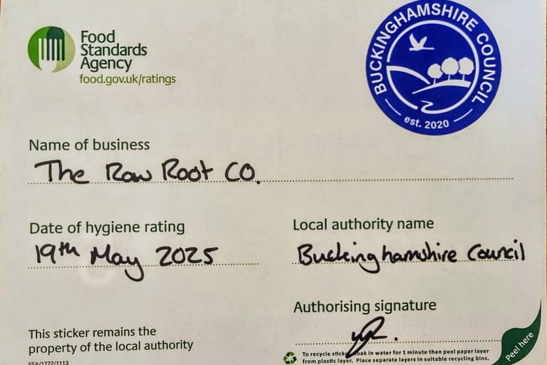 Food Standards Agency Food Hygiene certificate The Raw Root Co.