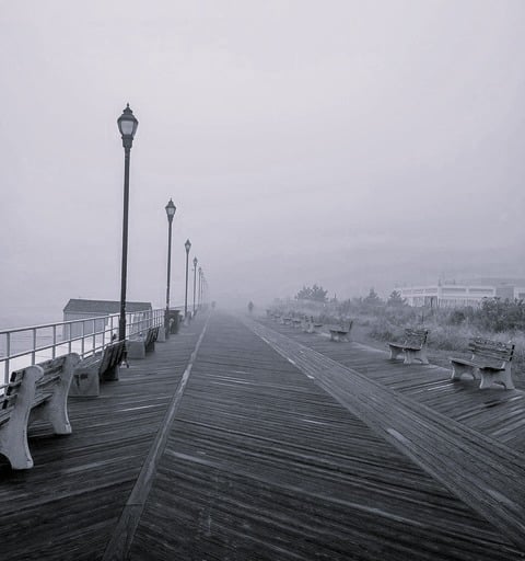 Boardwalk on a cold, misty might