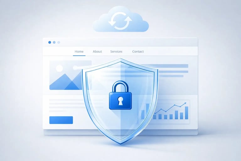 Small business website protected by security shield and automated cloud backups