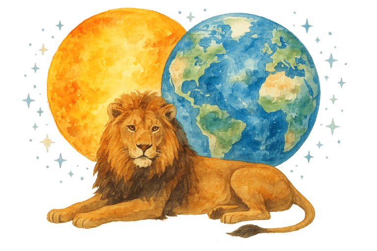 watercolor image of the sun next to the earth but slightly overlapping with stars around them and a 