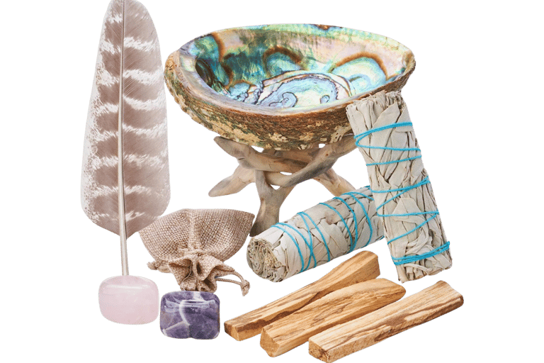Home Cleansing & Smudging Kit with White Sage, Palo Santo, Abalone & Stand, Smudge Feather & Guide -