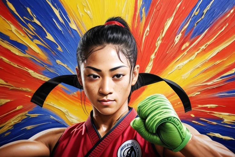 mujer guerrera con mirada confiada y poderosa lista para luchar