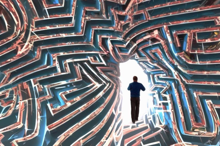 persona sale hacia la luz de un laberinto mental