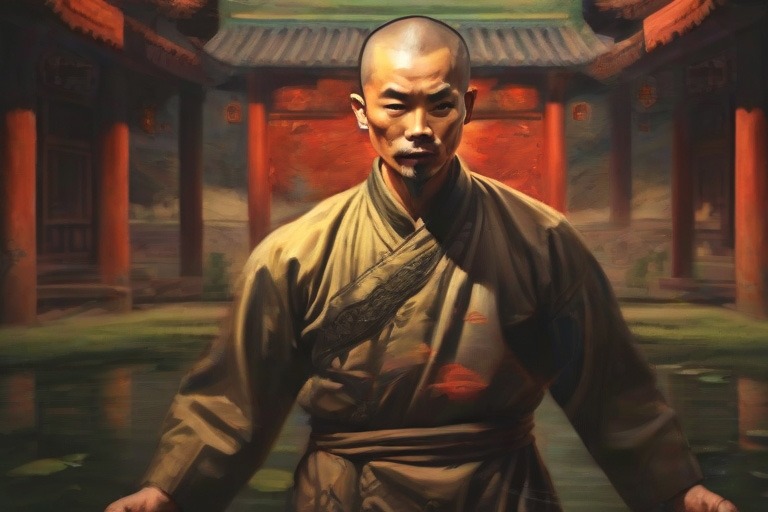 monje guerrero en el templo shaolin con mirada penetrante