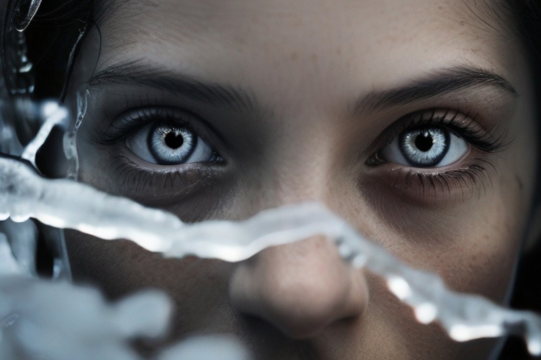 mujer con ojo de hielo mira fijamente