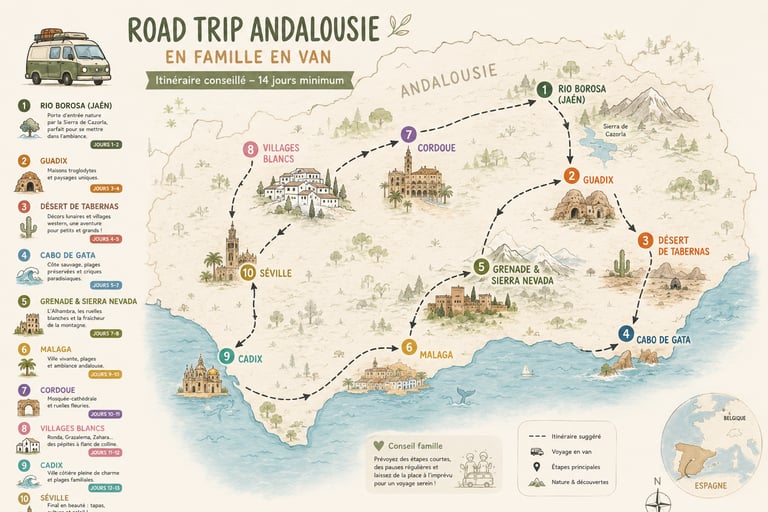 llustrated map of a family van road trip itinerary through Andalusia, Spain, featuring ten scenic stops.