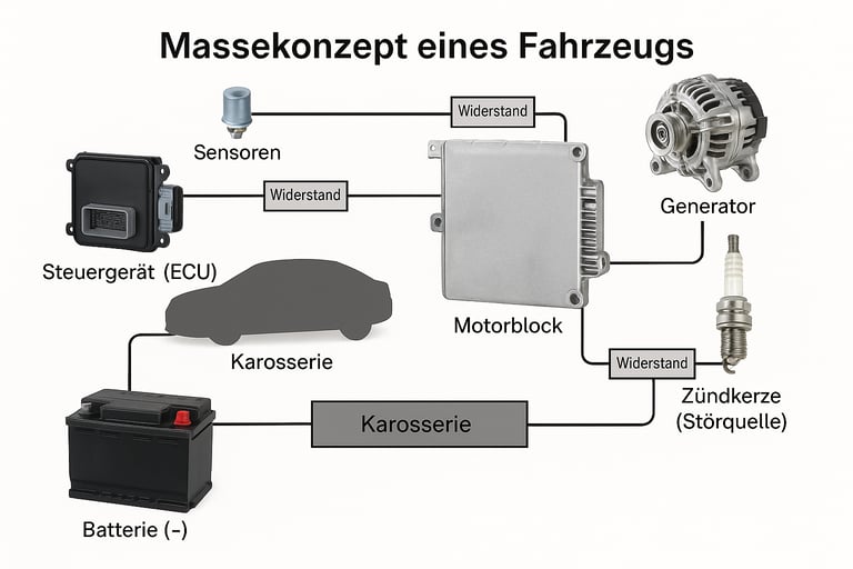 Das Bild stellt die Masseführung in einem typischen Fahrzeug dar. Wichtig: Es geht nicht um Plusleitungen, sondern um die Rüc
