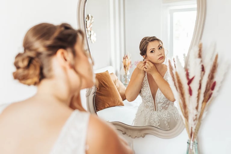 Mariée qui se prépare devant un miroir et attache une boucle d'oreille.
