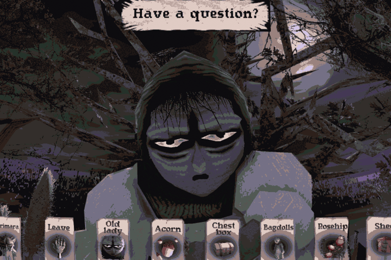 screenshot of carimara: beneath the forlorn limbs. the old lady looks sinister in a dark wood.