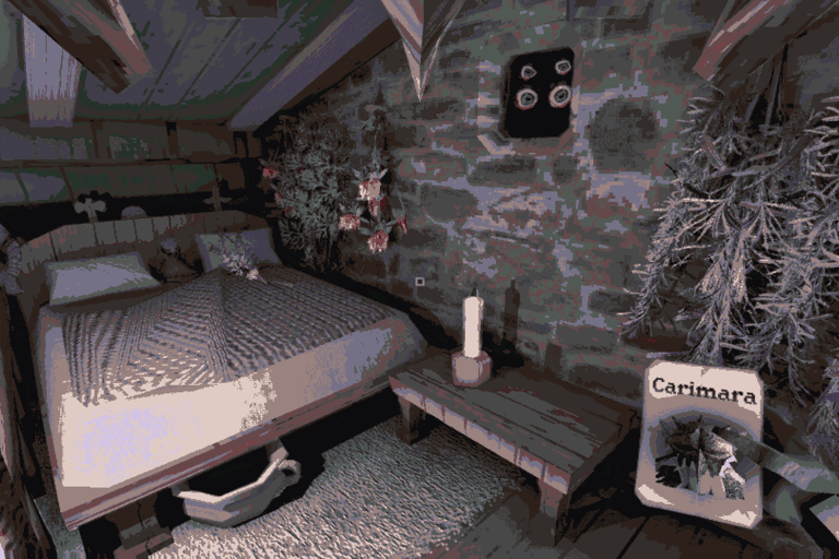 screenshot of carimara: beneath the forlorn limbs. two pairs of eyes peer at the player in a bedroom