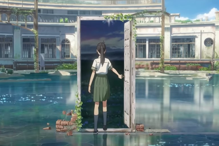 screenshot from suzume, suzume standing in a flooded town before a door to an alt. dimension.