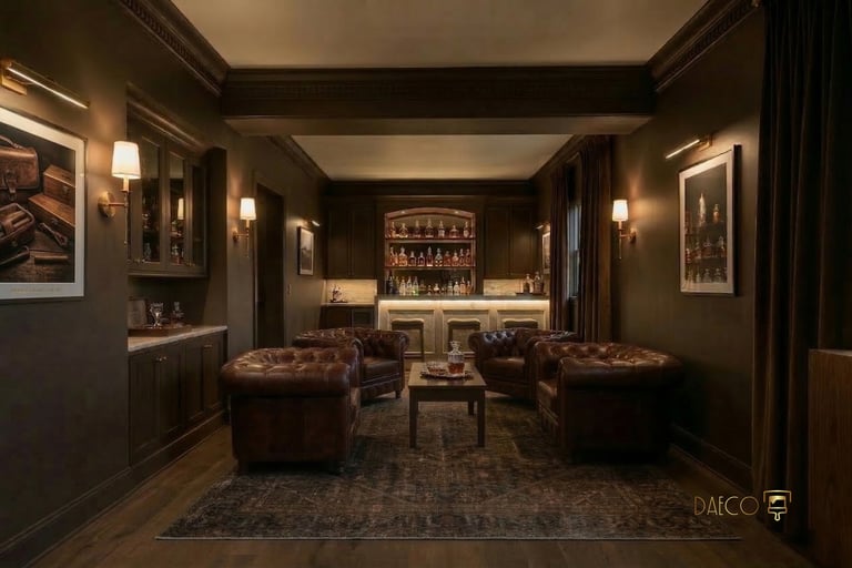 Elegant home basement bar lounge with leather chesterfield chairs and a back-lit liquor shelf.