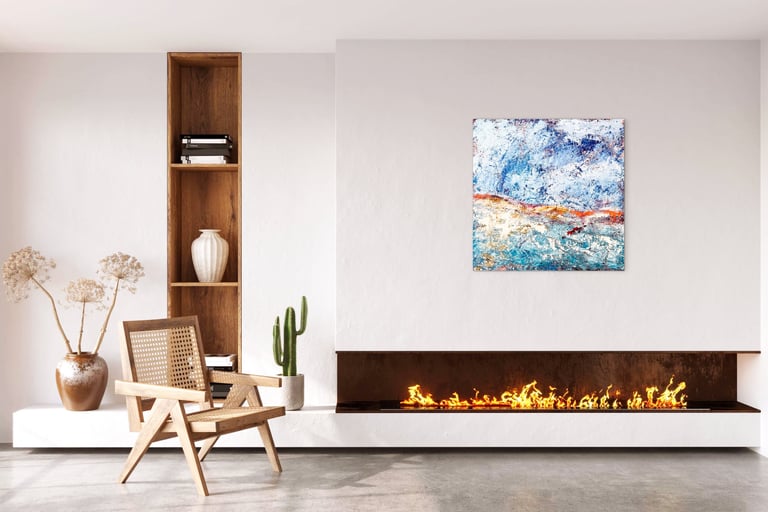 Large abstract painting above a fireplace in a modern living room.