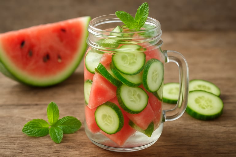 Watermelon and cucumber detox water in a glass jar