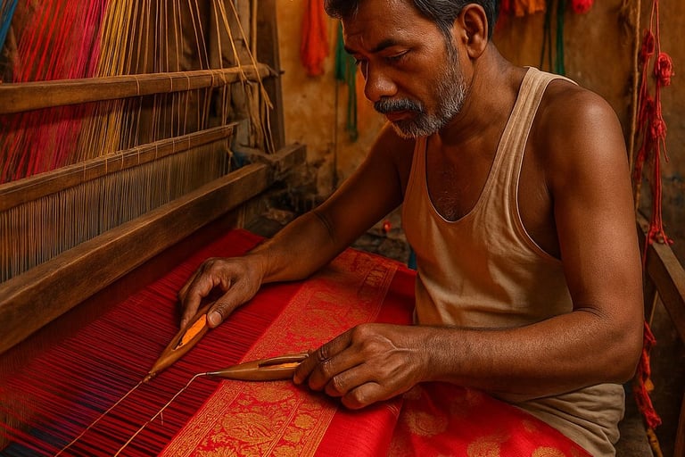 a man sitting and weaving handloom saree