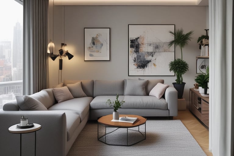 a living room with a couch and a coffee table