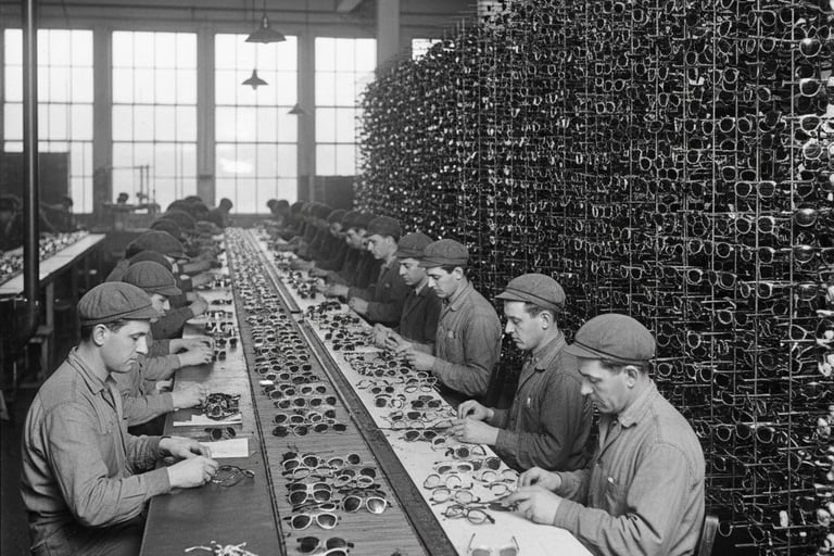 Producción masiva lentes de sol Foster Grant revolución industrial americana democratización acceso