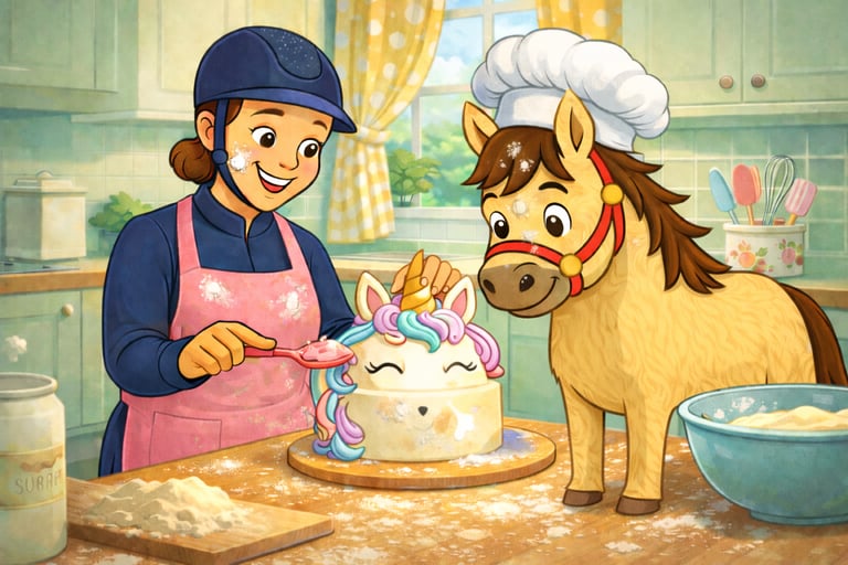 Cartoon Illustration von Pancake und er Ponytante beim Pferdekuchen backen