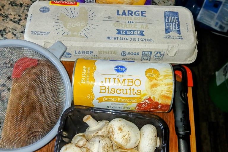 ingredients for mushroom egg and cheese biscuit sandwiches